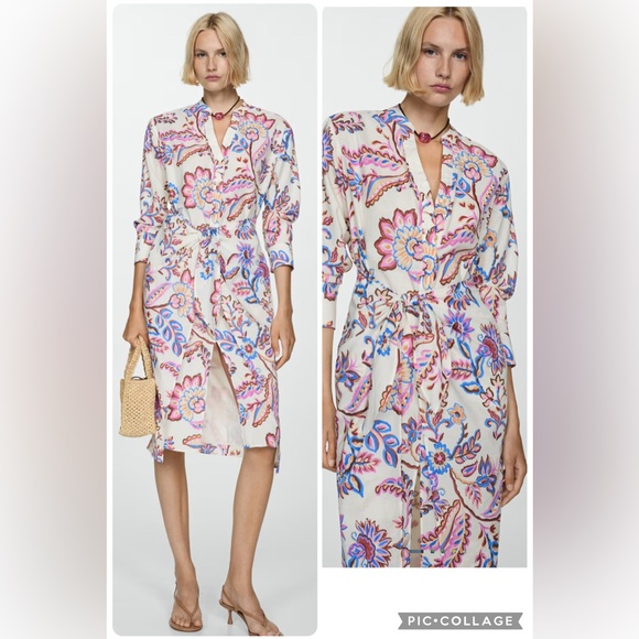 Mango Floral Colorful Print Shirt Dress Size L - Picture 1 of 5
